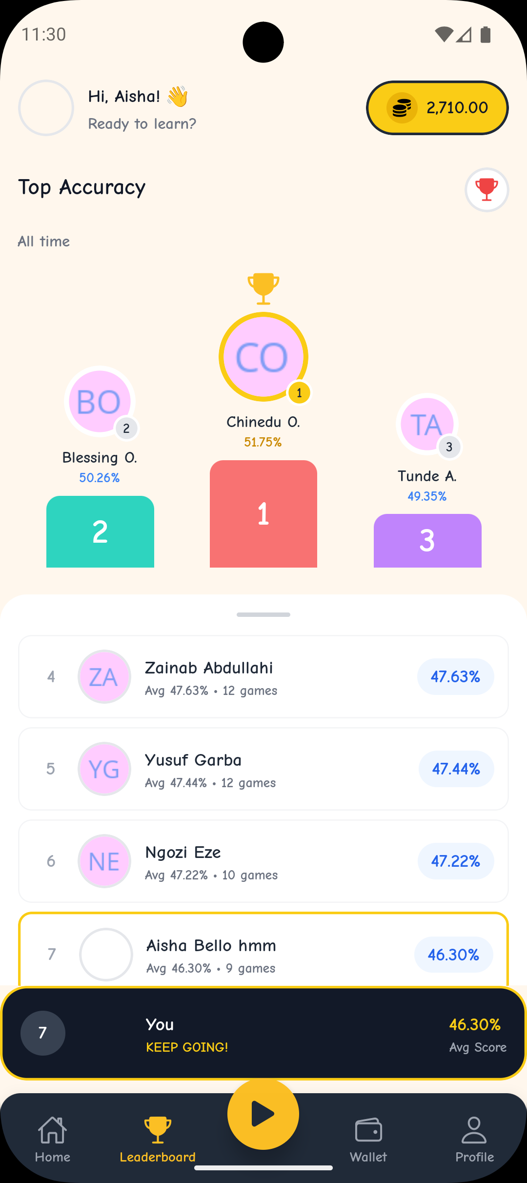 Uncle App leaderboard screen